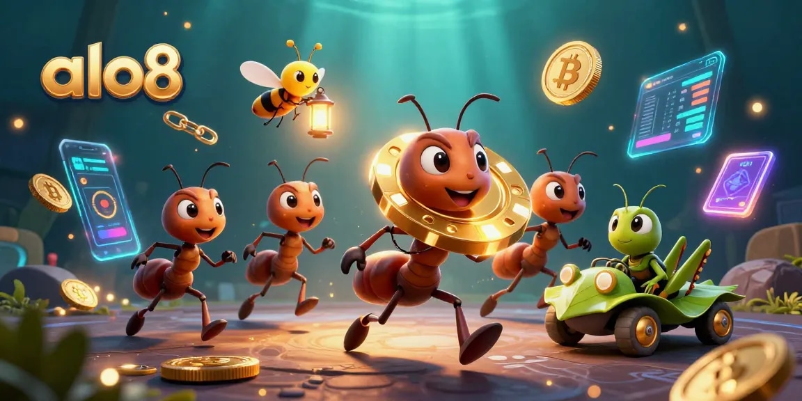 Engage in casino excitement with alo8, featuring 3D ants on a heist with glowing crypto coins.