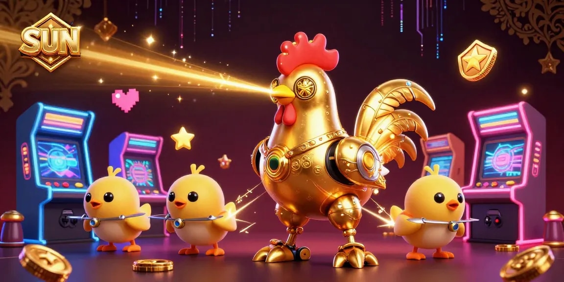 Engage with sun-inspired gaming excitement featuring a golden rooster robot amidst dazzling casino elements