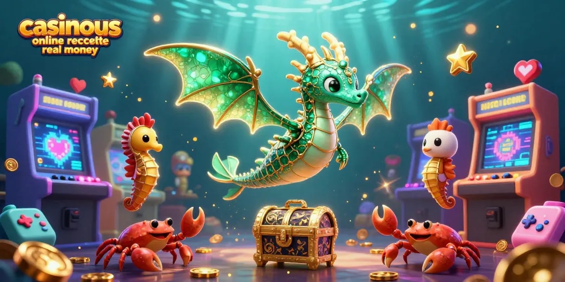 Engage with casinous online roulette real money featuring vibrant 3D illustration of dragons, crabs, and casino games.