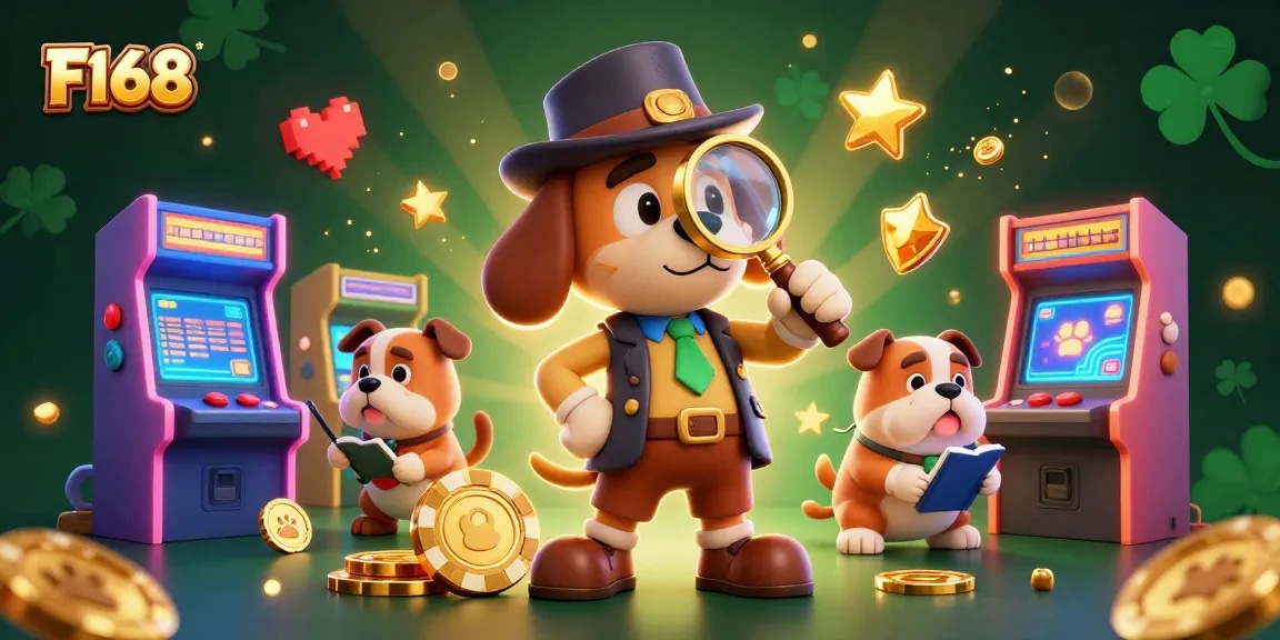 Discover F168's exciting casino adventure with a detective and bulldog amidst arcade games.