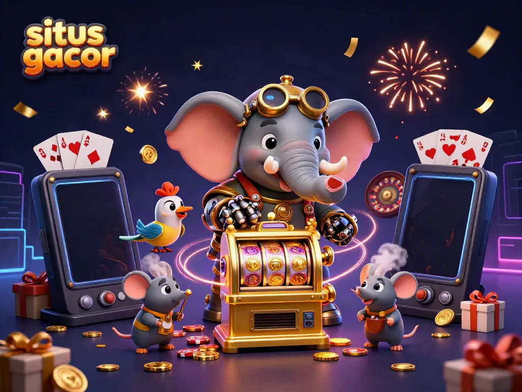Engage with situs gacor through a vibrant 3D illustration of a steampunk elephant operating a golden slot machine, surrounded by casino elements.