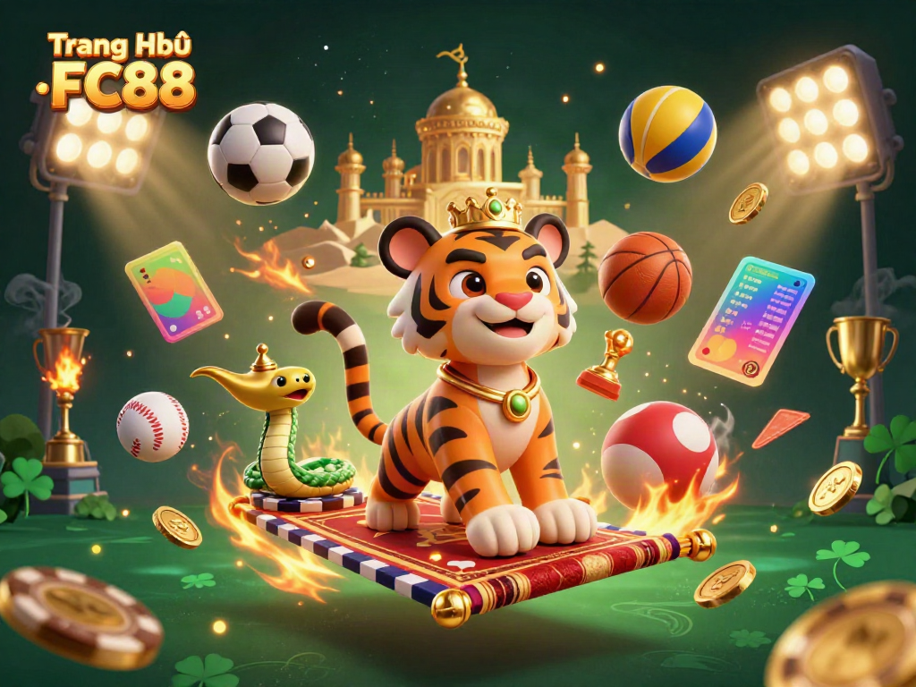 Experience the excitement at Trang Chủ FC88 with a vibrant, interactive casino fair featuring dynamic sports elements and a magical theme.