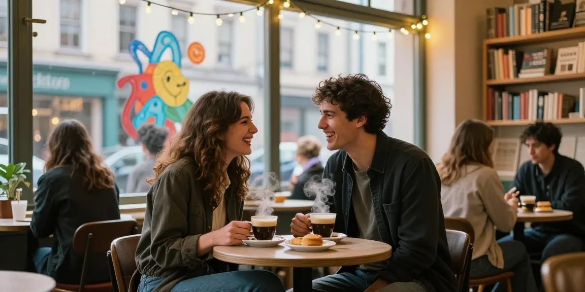 Cozy café scene capturing a couple's intimate moment, illustrating the thrill of having a crush on someone.