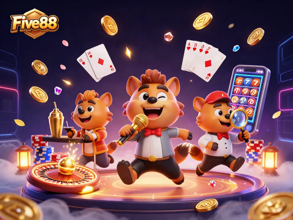 Experience Five88's vibrant comedy casino scene with lively hyenas, gold coins, and captivating gaming elements.