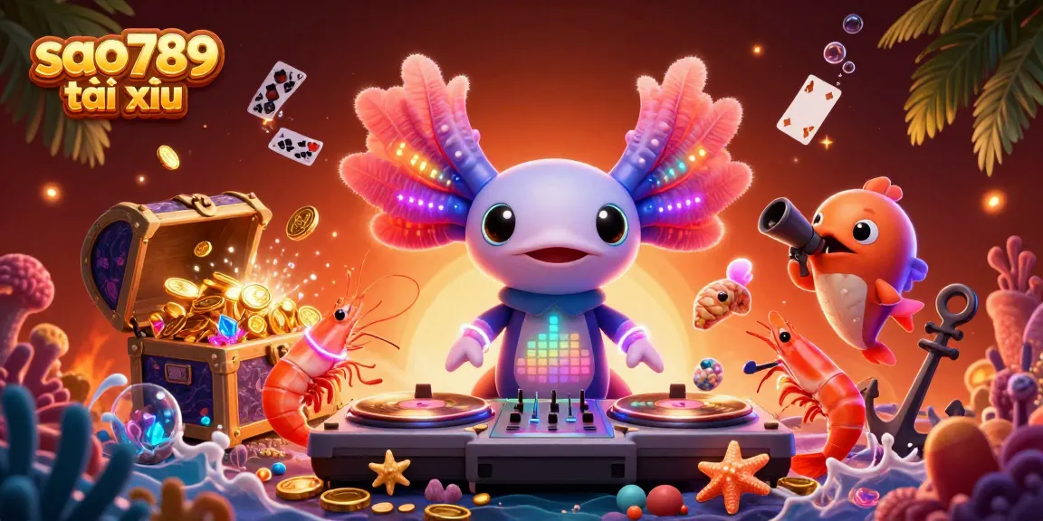 Experience vibrant underwater fun with sao789 tài xỉu, featuring a colorful DJ axolotl and animated shrimp.
