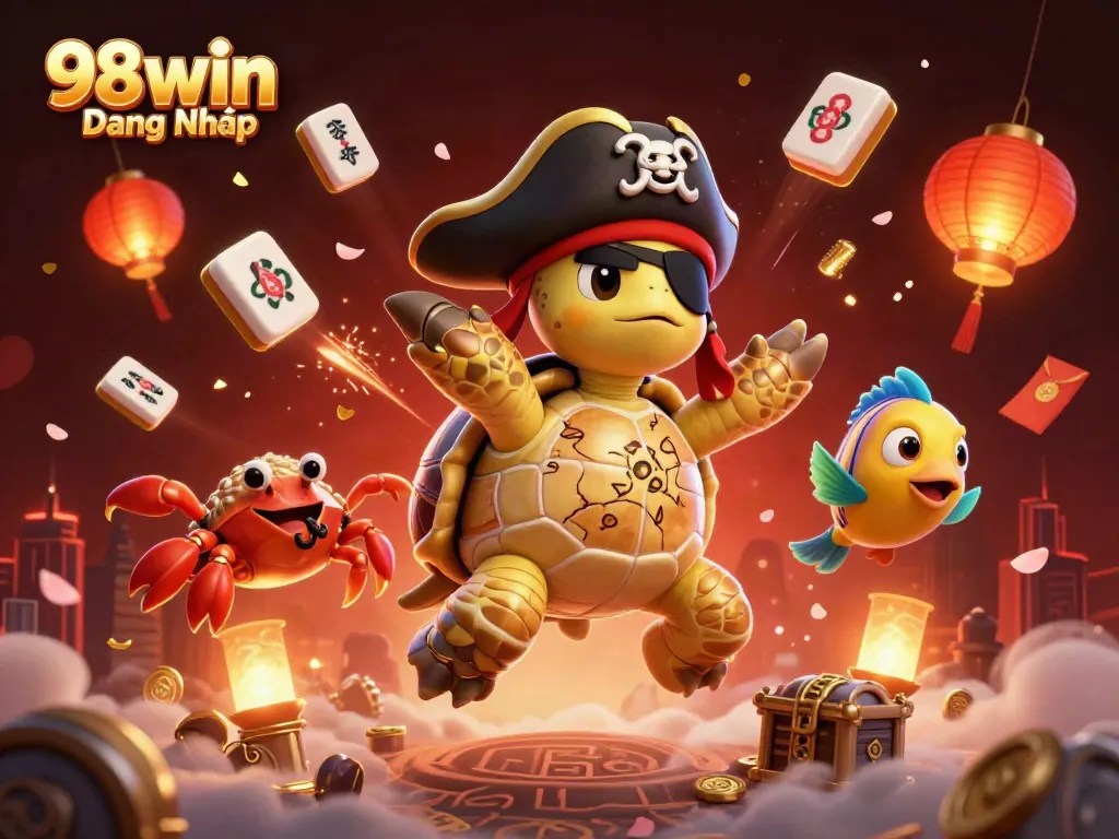 Enjoy vibrant 3D illustration showcasing 98win Đăng Nhập, featuring engaging characters above treasure.