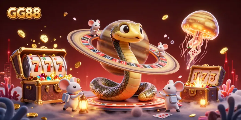 Engage in exciting gameplay with GG88 at a vibrant cosmic casino featuring roulette and slot elements.