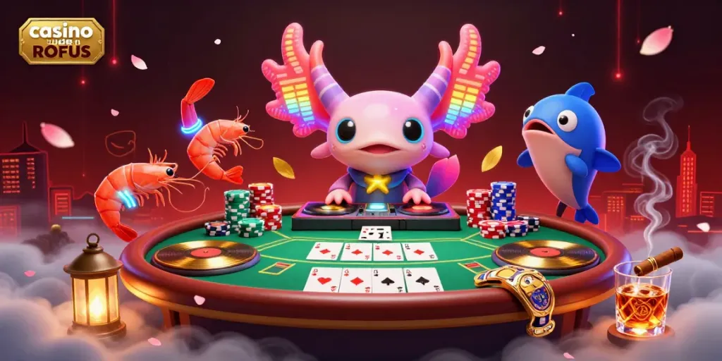 Enjoy thrilling gameplay at casino uden ROFUS with a lively 3D scene featuring vibrant casino elements.