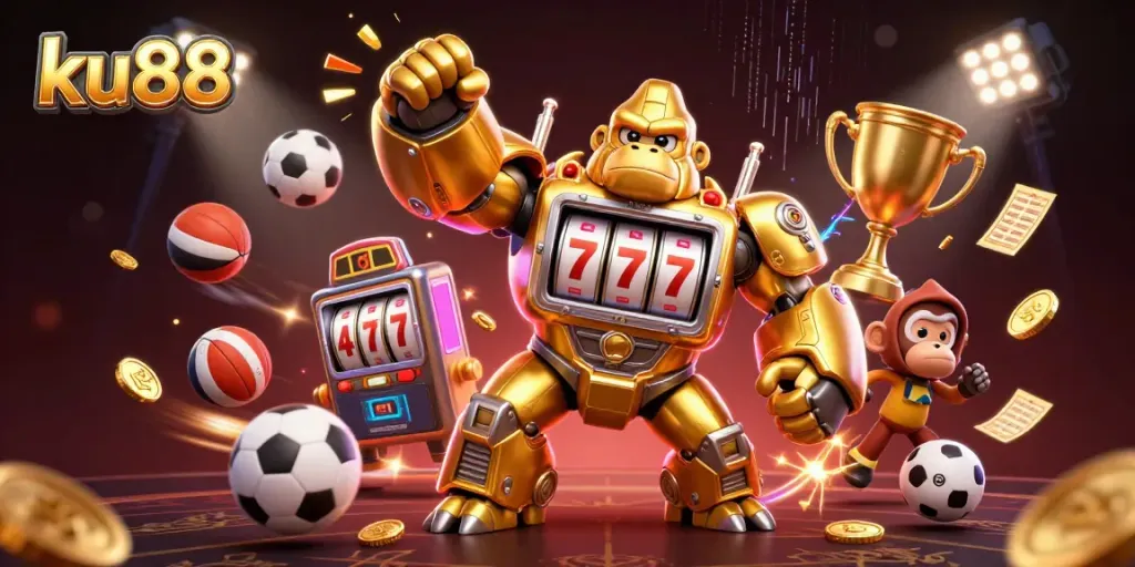 Experience thrilling gaming at ku88 with dynamic casino elements and a vibrant 3D illustration.