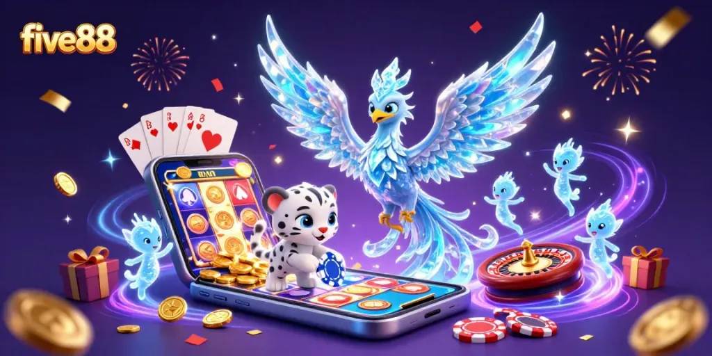 Experience excitement at five88 with colorful slot games, poker, and vibrant casino elements.