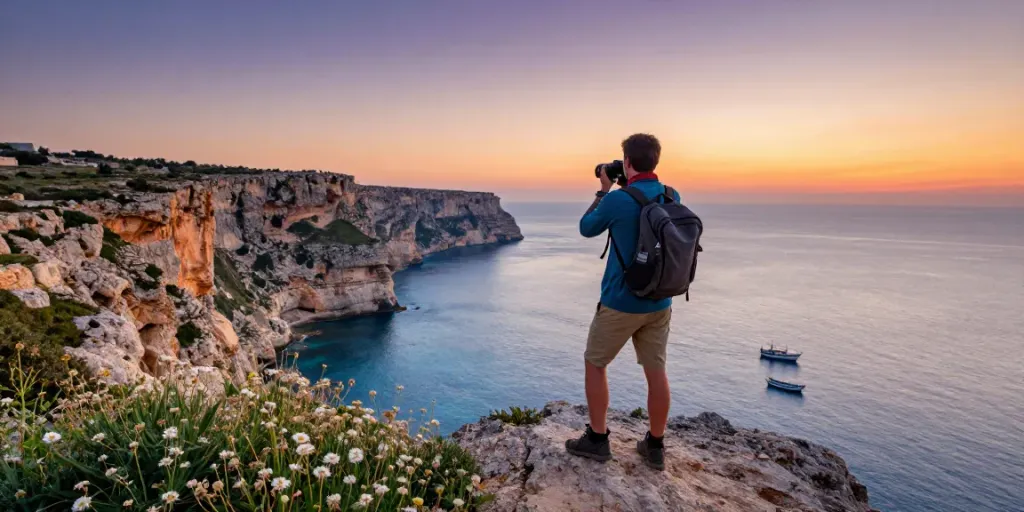Gozo tours adventure with traveler overlooking cliffs and Mediterranean Sea at sunset