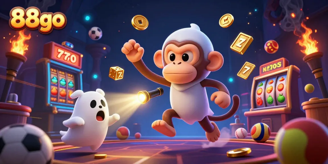 Engage in the excitement of 88go as a monkey juggles golden casino elements in a haunted setting.