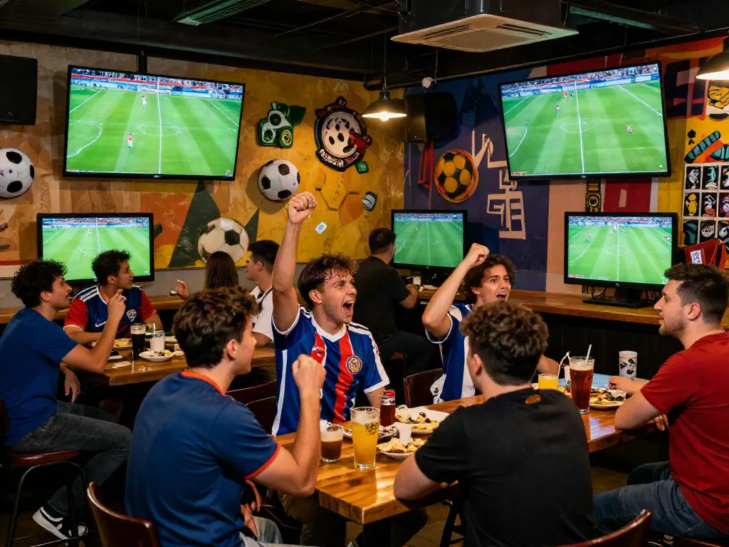 Fans celebrating a goal while watching bóng đá gavangtv at a sports bar, creating an exciting atmosphere.