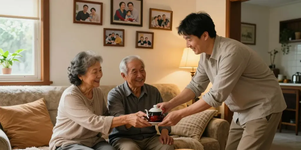 Son nurturing his parents in a cozy living room while discussing rokok88 slot values.