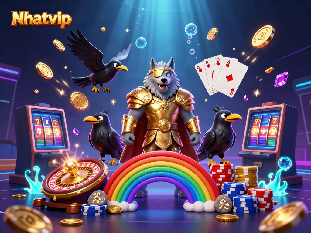 Experience thrilling casino gaming with Nhatvip in a vibrant 3D scene filled with action.