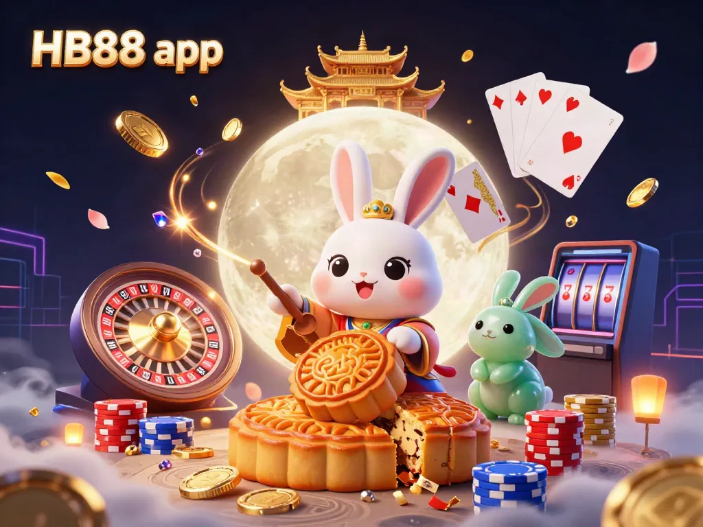 Experience the HB88 app with a whimsical moon rabbit character amidst sparkling casino elements in a vibrant 3D scene.
