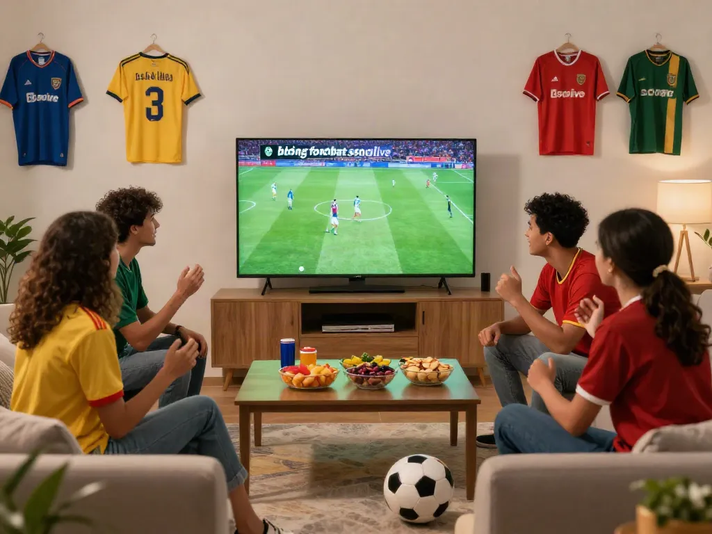 Friends enjoying a lively soccer match on "bóng đá socolive" in a modern living room.