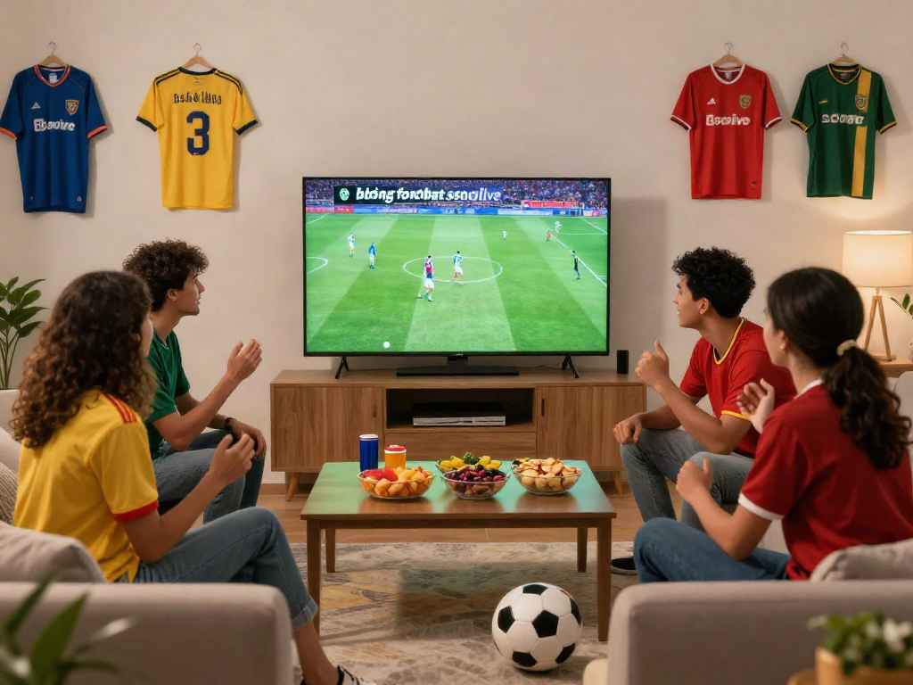 Friends enjoying a lively soccer match on "bóng đá socolive" in a modern living room.