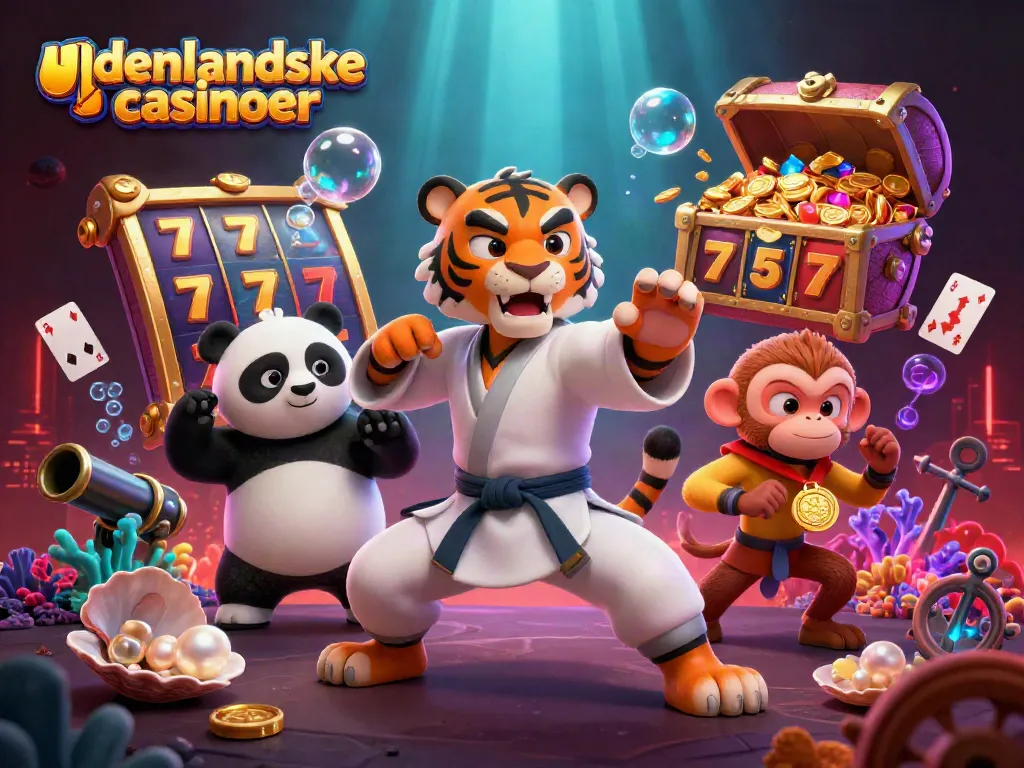 Engaging scene showcasing udenlandske casinoer with cartoon characters, slot reels, and vibrant treasures.