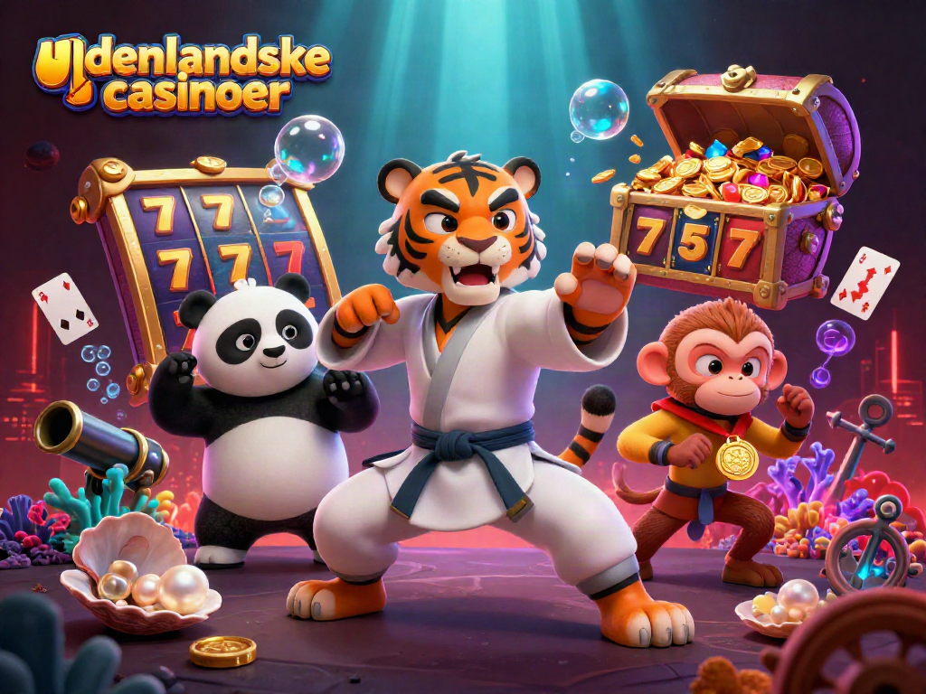 Engaging scene showcasing udenlandske casinoer with cartoon characters, slot reels, and vibrant treasures.