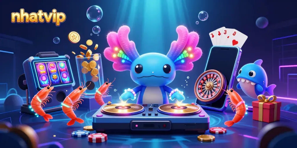Nhatvip engages players with vibrant cartoon casino scene full of dynamic gaming elements.
