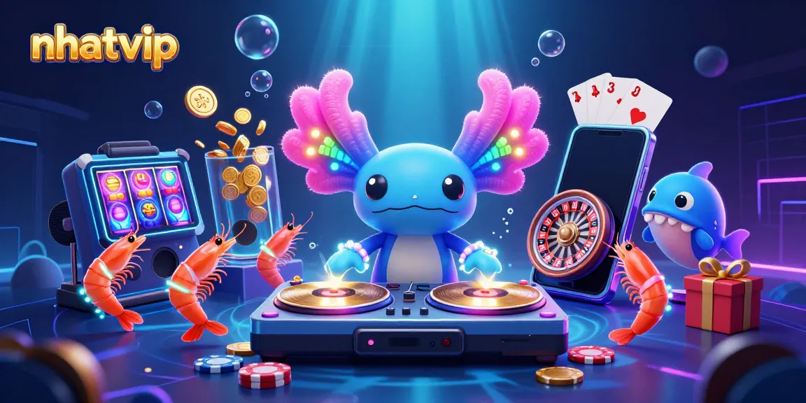 Nhatvip engages players with vibrant cartoon casino scene full of dynamic gaming elements.