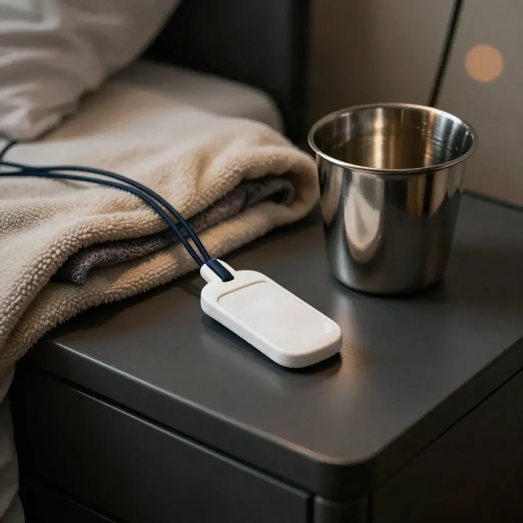 Call pendant, folded blanket, and medicine cup on a dark bedside table, lit dramatically.