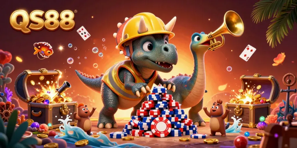 Celebrate with QS88 as a cheerful trio preps a poker chip pyramid, surrounded by shimmering treasures!