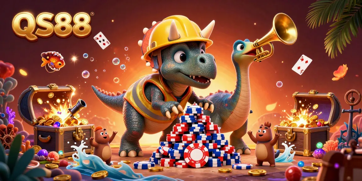 Celebrate with QS88 as a cheerful trio preps a poker chip pyramid, surrounded by shimmering treasures!