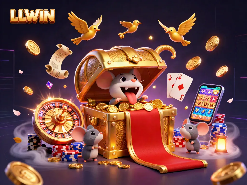 Experience winning thrills with the LLWIN treasure chest and golden coins in this dynamic casino scene.