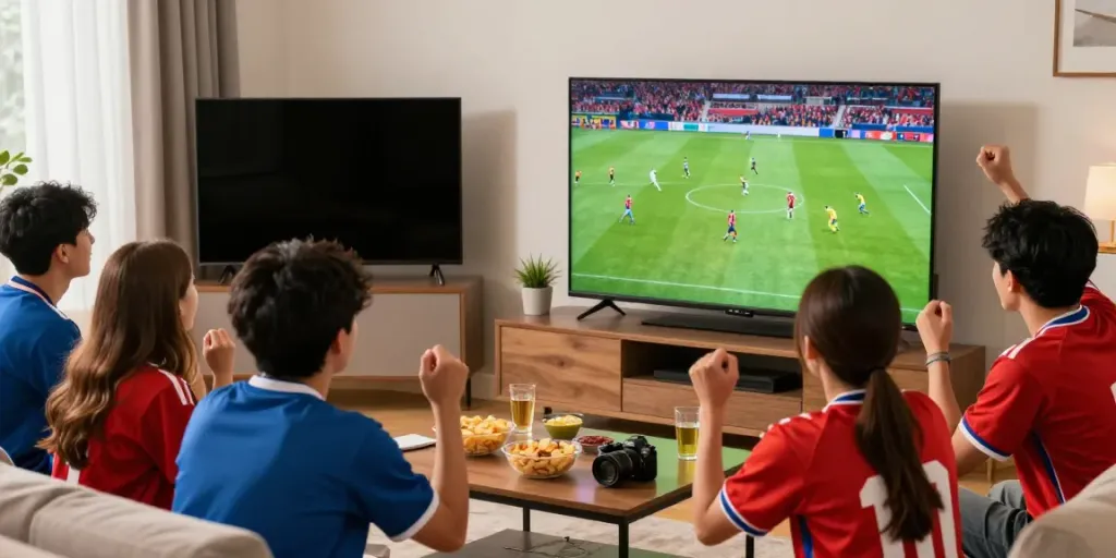 Exciting football match scene with friends on trang bóng thapcamtv, lively atmosphere, snacks and jerseys.