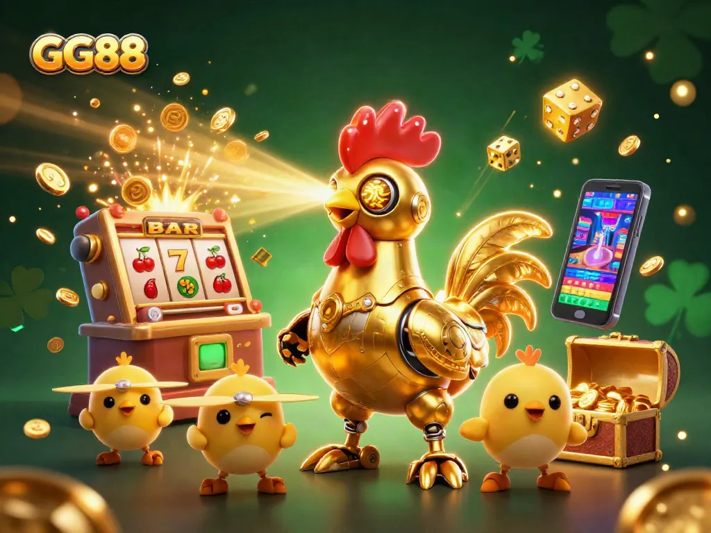 Engage with GG88's vibrant casino scene featuring a golden rooster robot amidst jackpot elements.