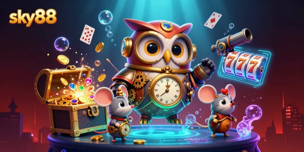 Engage in exhilarating games at sky88 with a vibrant illustration of a 3D cartoon time-traveling owl and exciting slot elements.