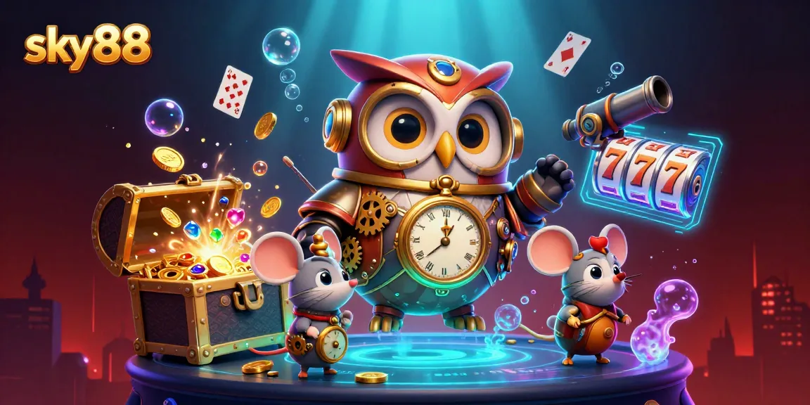 Engage in exhilarating games at sky88 with a vibrant illustration of a 3D cartoon time-traveling owl and exciting slot elements.