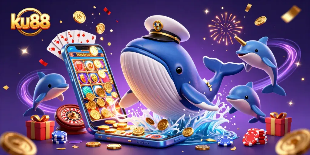 ku88 players enjoying a vibrant casino scene with a whale and dolphins amidst colorful slots and chips