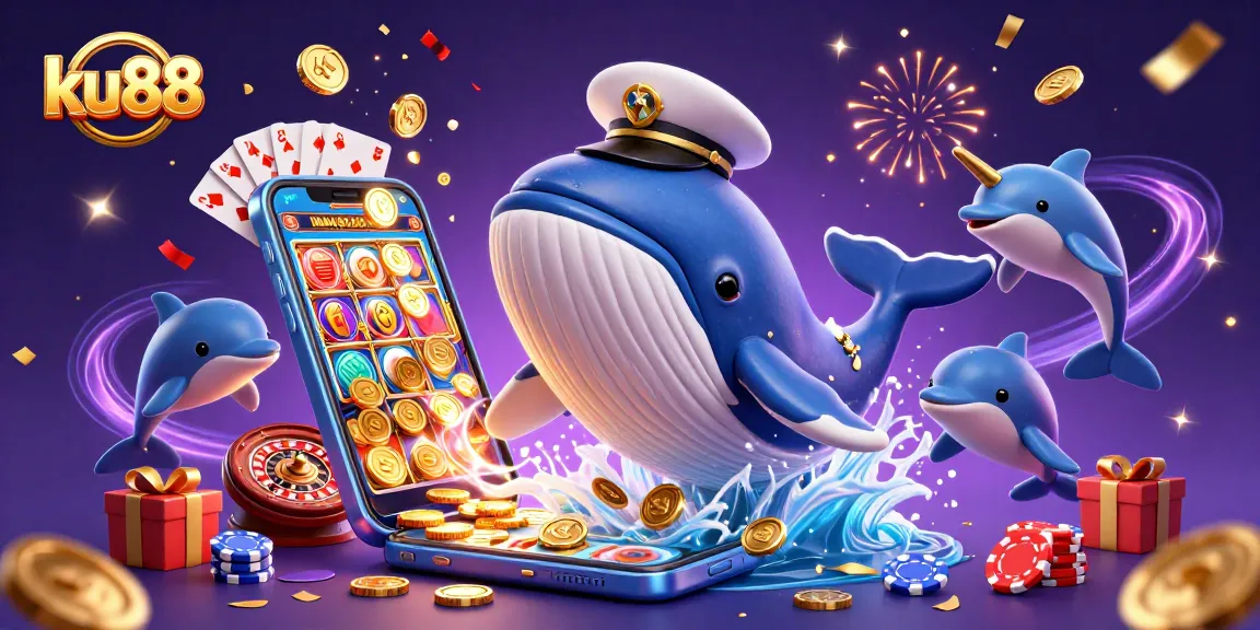 ku88 players enjoying a vibrant casino scene with a whale and dolphins amidst colorful slots and chips