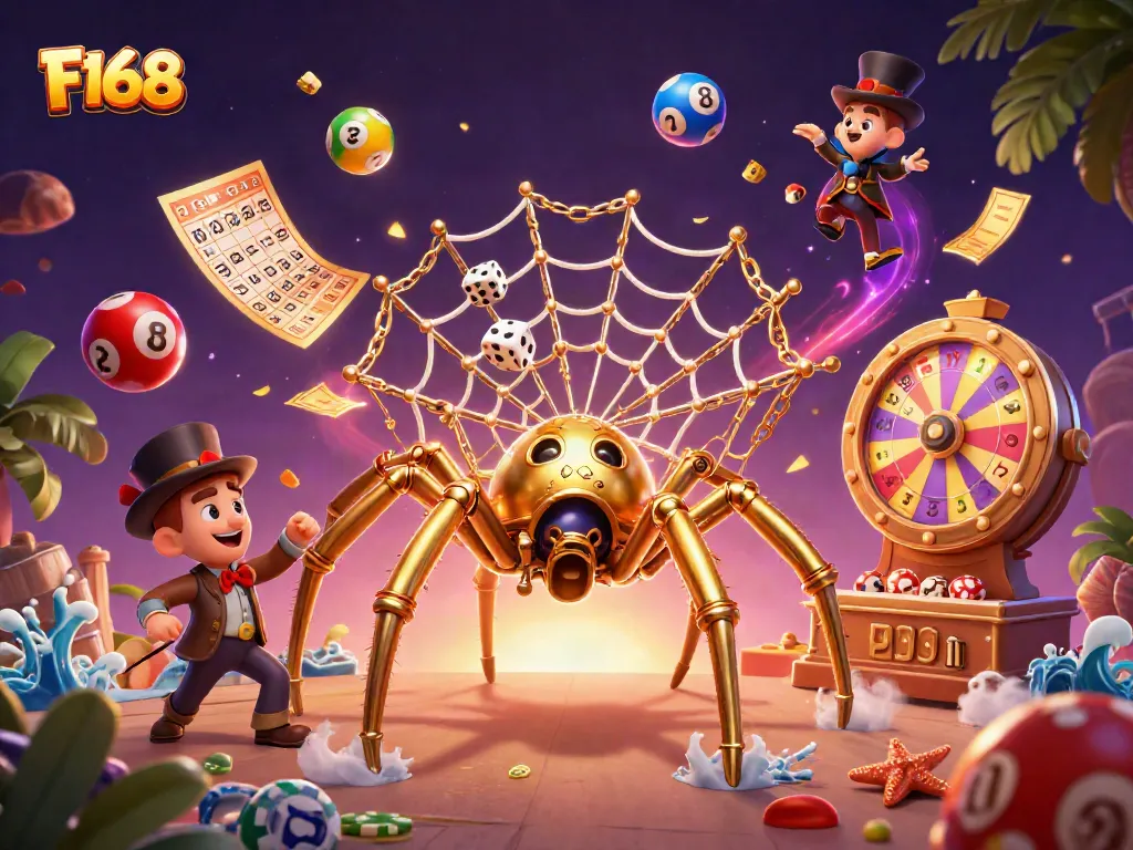 Experience thrilling gameplay with F168 as colorful lottery balls and casino treasures fill the scene