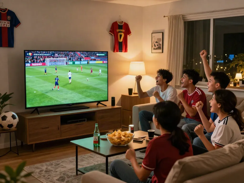 Excited friends celebrating a goal while watching bóng đá cakhiatv in a cozy living room.