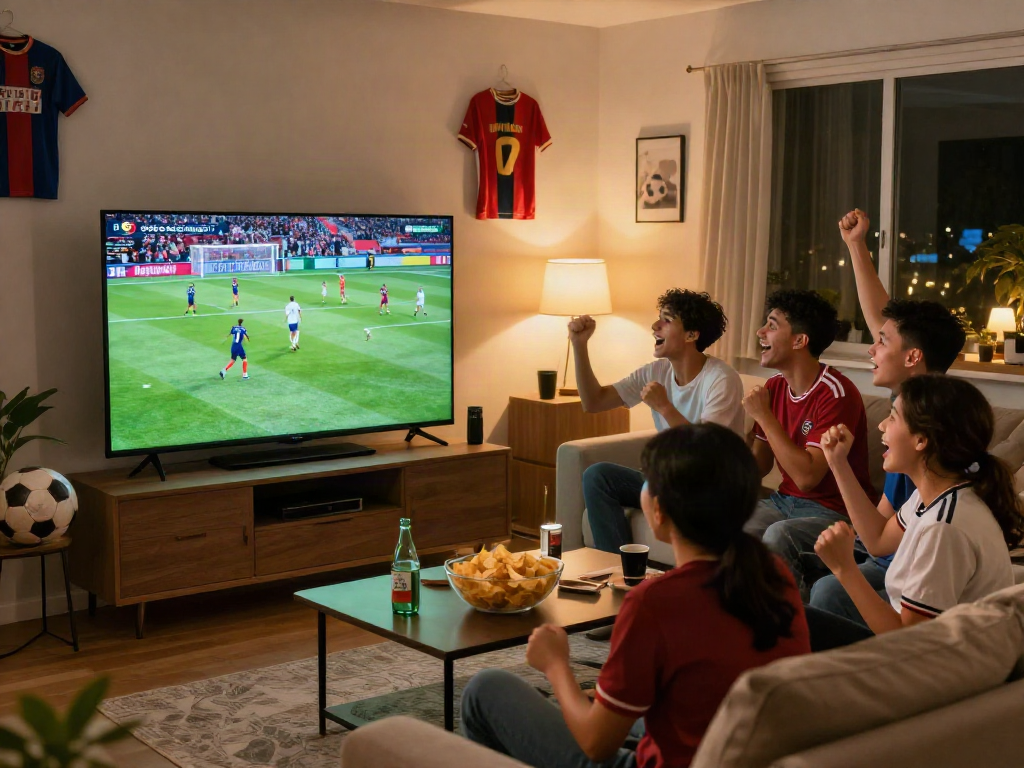 Excited friends celebrating a goal while watching bóng đá cakhiatv in a cozy living room.