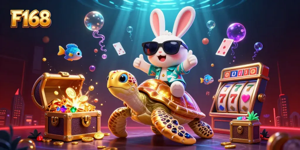 F168 showcases vibrant casino excitement with golden turtle, lucky rabbit, and gaming treasures.