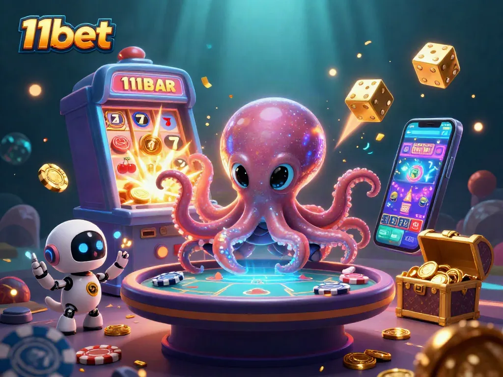 Experience thrilling 11bet gaming adventures with a sci-fi themed casino illustration!