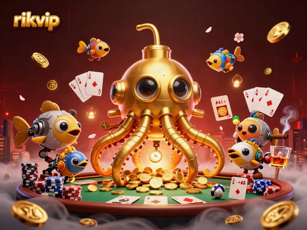 Experience the thrill of rikvip with a dynamic gambling scene featuring a golden kraken submarine.
