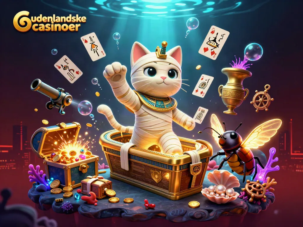 Experience excitement at udenlandske casinoer with a dynamic scene featuring an Egyptian mummy and a scarab beetle.