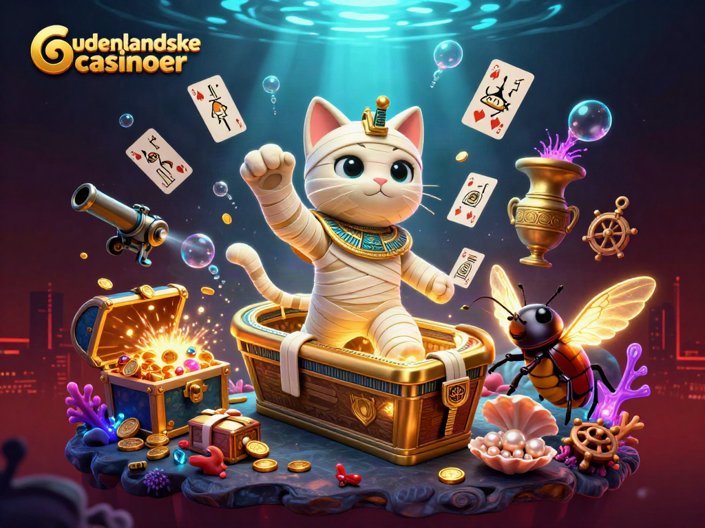 Experience excitement at udenlandske casinoer with a dynamic scene featuring an Egyptian mummy and a scarab beetle.
