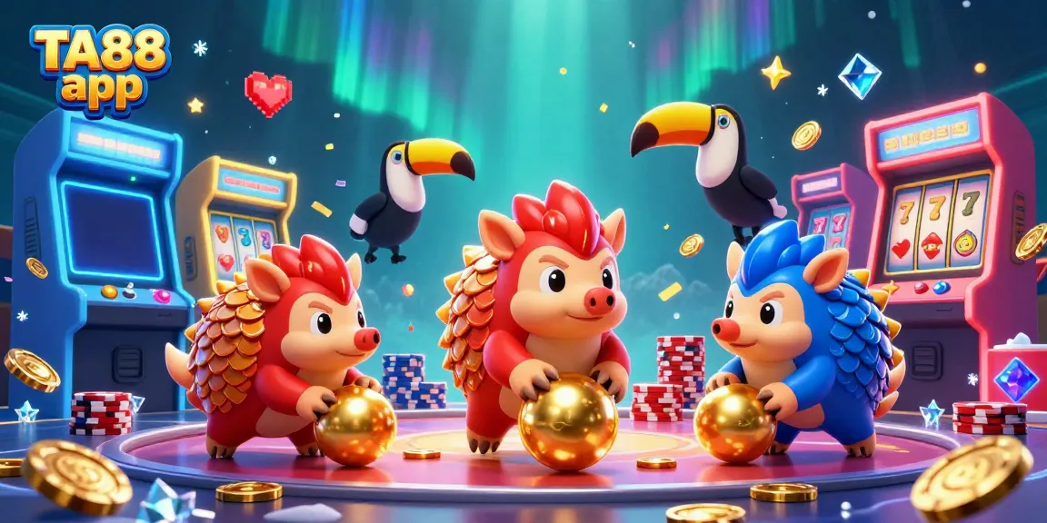 Experience the thrill of the TA88 app with animated pangolins and slot game elements.