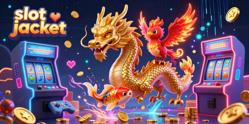Watch the slot jackpot characters gear up for action in a vibrant scene filled with coins and game elements.