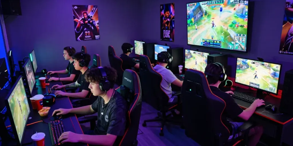 rokok88 engaging gaming scene with diverse players experiencing intense multiplayer action with colorful ambient lighting