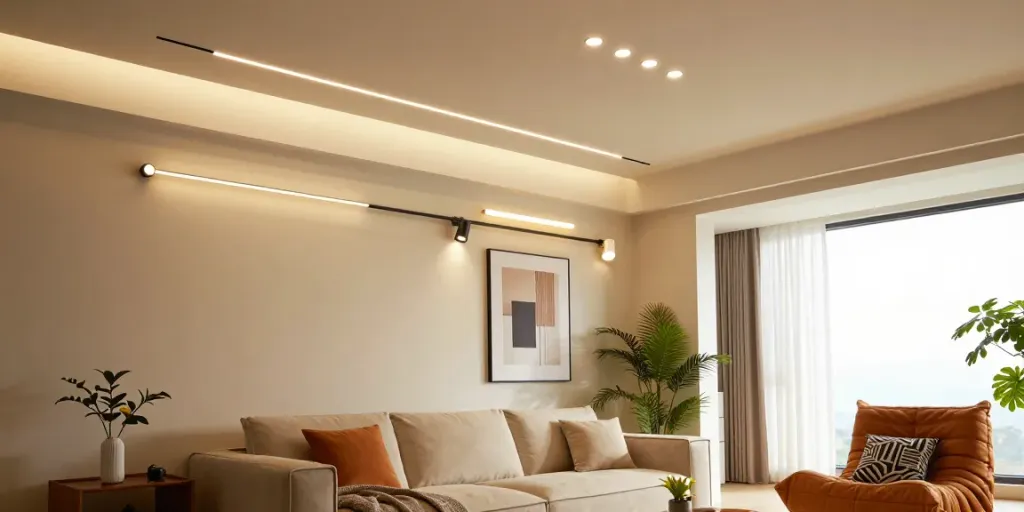 Iluminare cu sine magnetică încastrată într-un interior modern, evidențiind flexibilitatea spoturilor LED.