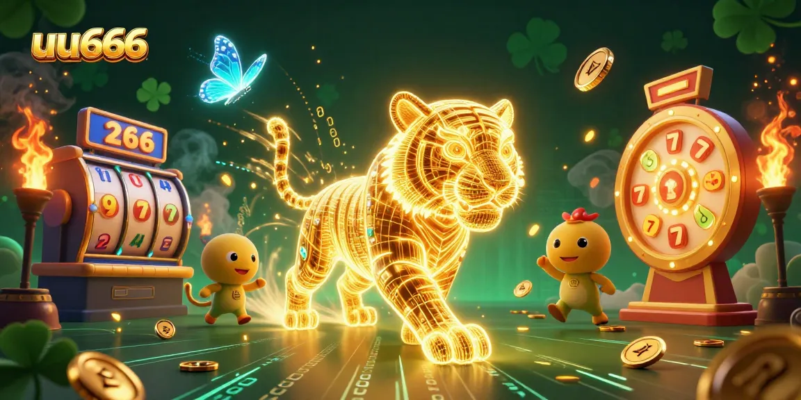 Engage in thrilling spins and jackpots at uu666's vibrant casino scene with a golden tiger and interactive slot elements.