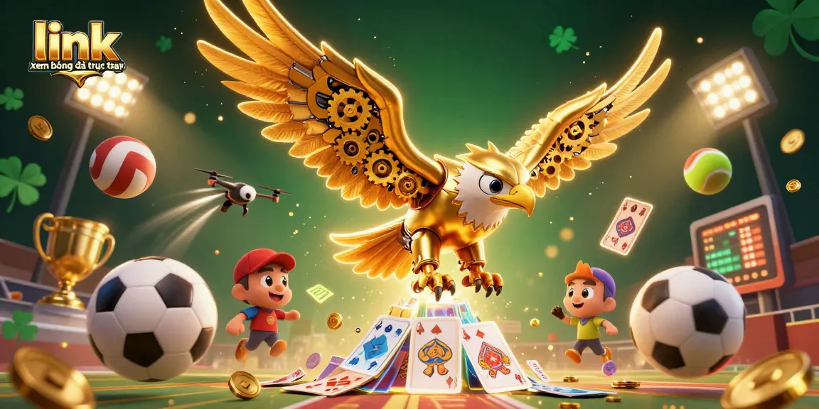 Experience link xem bóng đá trực tiếp with vibrant 3D visuals showcasing sports elements and a golden eagle.